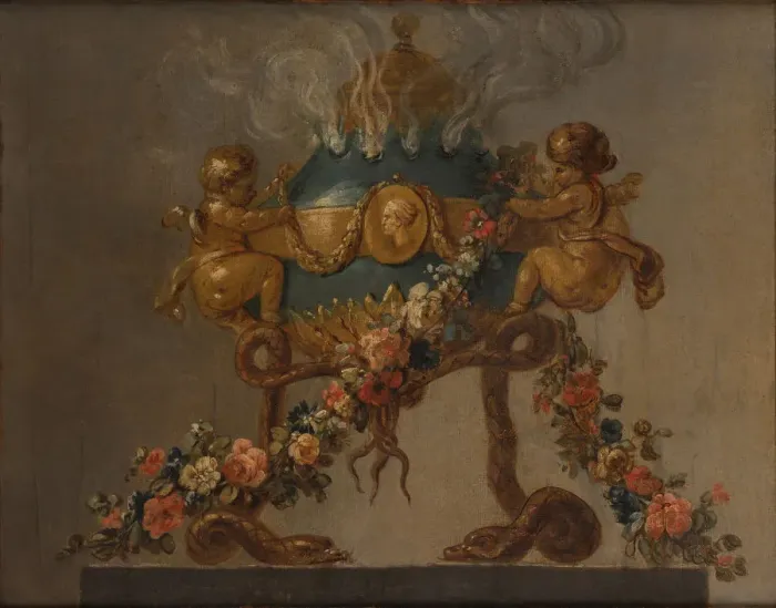 Framed Print : Perfume-burner supported by amorini and serpents and garlanded with flowers, 18th century Framed Print : Perfume-burner supported by amorini and serpents and garlanded with flowers, 18th century