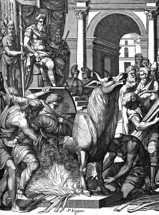 Framed Print : Perillus condemned to the bronze bull by Phalaris, 16th century, (1870). Artist: Pierre Woeiriot de Bouze Framed Print : Perillus condemned to the bronze bull by Phalaris, 16th century, (1870). Artist: Pierre Woeiriot de Bouze