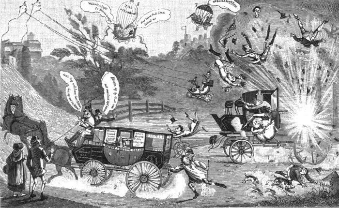Framed Print : The Perils of Steam Coaches circa1810, 1888. Creator: Unknown Framed Print : The Perils of Steam Coaches circa1810, 1888. Creator: Unknown