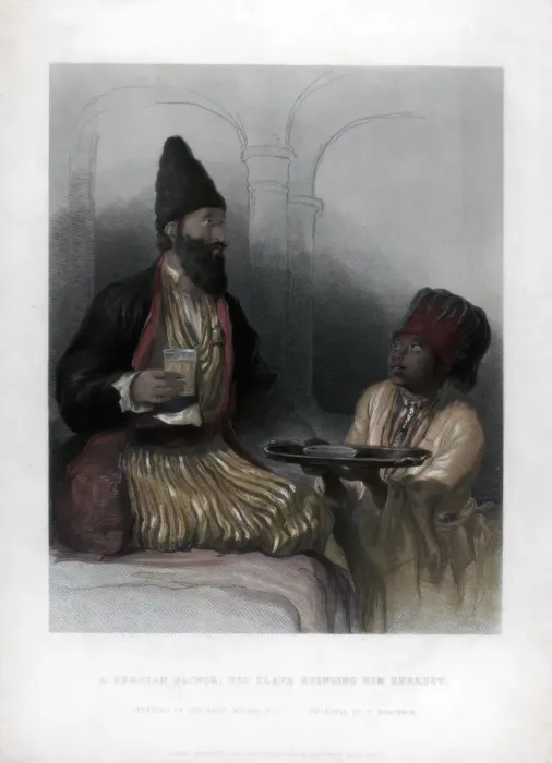 Framed Print : A Persian Prince, his slave bringing him sherbet, 19th century. Artist: H Robinson Framed Print : A Persian Prince, his slave bringing him sherbet, 19th century. Artist: H Robinson
