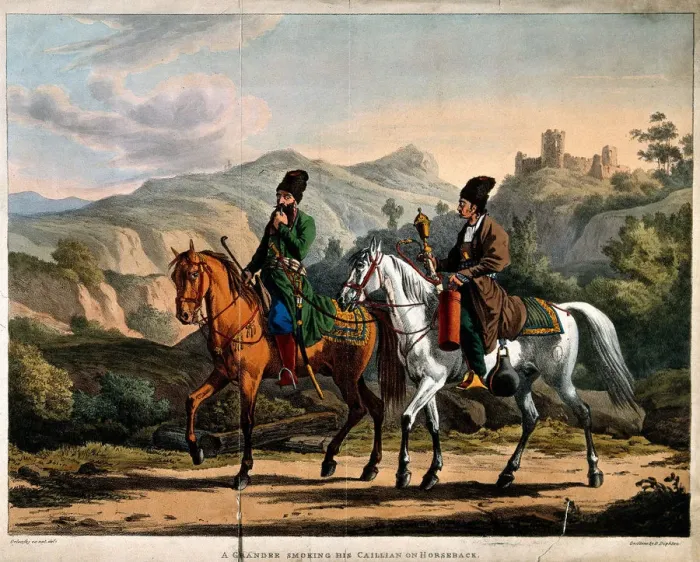 Framed Print : Persian smoking a hookah on horseback, ca 1820. Artist: Orlowski (Orlovsky), Alexander Osipovich (1777-1832) Framed Print : Persian smoking a hookah on horseback, ca 1820. Artist: Orlowski (Orlovsky), Alexander Osipovich (1777-1832)