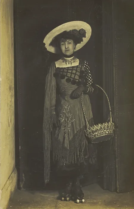 Framed Print : A person wearing a dress, large hat and roller skates, poses holding a basket, (1910-1919?). Creator: Unknown Framed Print : A person wearing a dress, large hat and roller skates, poses holding a basket, (1910-1919?). Creator: Unknown