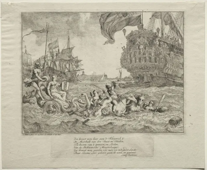Framed Print : The Personification of Amsterdam Riding in Neptunes Chariot, 1701. Creator: Ludolf Backhuysen Framed Print : The Personification of Amsterdam Riding in Neptunes Chariot, 1701. Creator: Ludolf Backhuysen