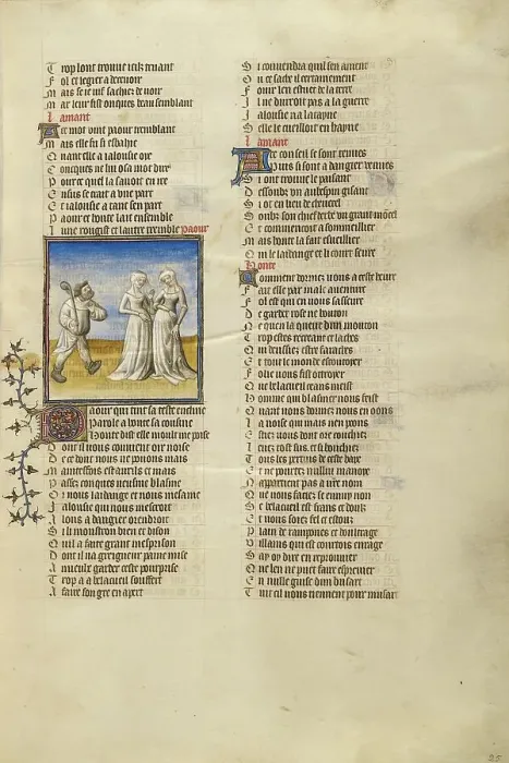 Framed Print : The Personification of Bad Mouth Speaking to the Personifications of Anxiety and Shame, about 1405. Creator: Unknown Framed Print : The Personification of Bad Mouth Speaking to the Personifications of Anxiety and Shame, about 1405. Creator: Unknown