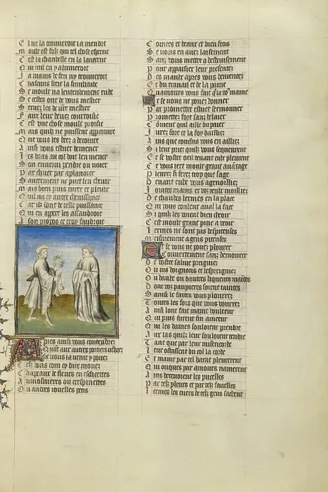 Framed Print : The Personification of Friendship Giving a Garland and Sacks of Gold for Alms to the... about 1405. Creator: Unknown Framed Print : The Personification of Friendship Giving a Garland and Sacks of Gold for Alms to the... about 1405. Creator: Unknown