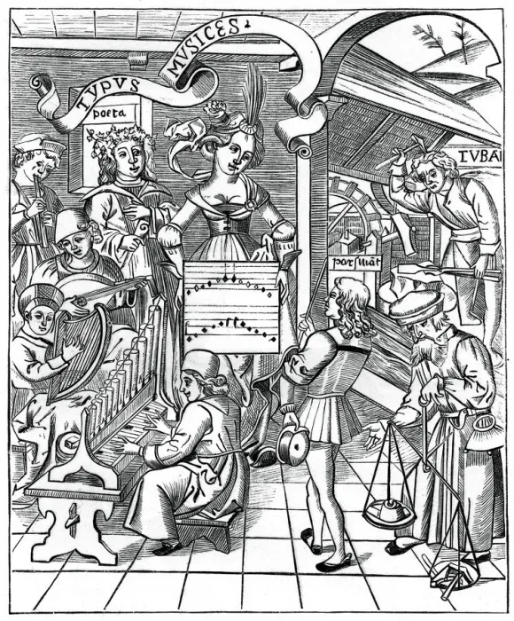 Framed Print : Personification of music, with the auxiliaries, the poet and musicians, 1508, (1870) Framed Print : Personification of music, with the auxiliaries, the poet and musicians, 1508, (1870)