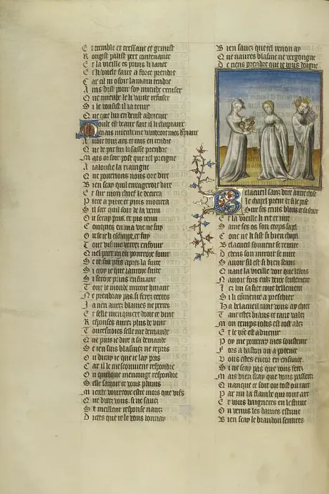 Framed Print : The Personification of Old Age Giving a Garland to Good Reception; Roman de la Rose, about 1405. Creator: Unknown Framed Print : The Personification of Old Age Giving a Garland to Good Reception; Roman de la Rose, about 1405. Creator: Unknown