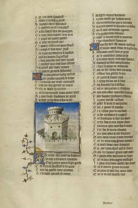 Framed Print : The Personification of Old Age Watching Good Reception in the Castle; Roman de la Rose, about 1405. Creator: Unknown Framed Print : The Personification of Old Age Watching Good Reception in the Castle; Roman de la Rose, about 1405. Creator: Unknown