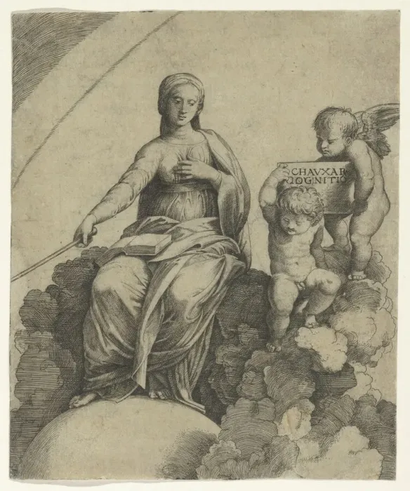 Framed Print : A personification of Philosophy sitting on clouds with her feet resting on a globe... ca. 1510-15. Creator: Marcantonio Raimondi Framed Print : A personification of Philosophy sitting on clouds with her feet resting on a globe... ca. 1510-15. Creator: Marcantonio Raimondi