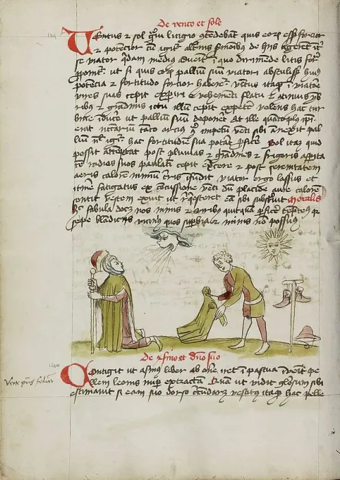 Framed Print : A Personification of Wind Blowing on a Man: The Sun Shining... third quarter of 15th century. Creator: Unknown Framed Print : A Personification of Wind Blowing on a Man: The Sun Shining... third quarter of 15th century. Creator: Unknown