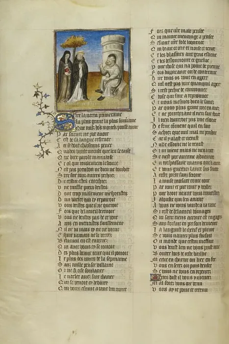 Framed Print : The Personifications of Abstinence and False Pretence before Bad Mouth; Roman de la Rose, about 1405 Creator: Unknown Framed Print : The Personifications of Abstinence and False Pretence before Bad Mouth; Roman de la Rose, about 1405 Creator: Unknown