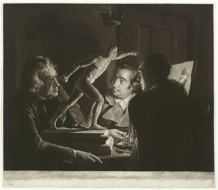Framed Print : Three Persons Viewing the Gladiator by Candlelight, 1769. Creator: William Pether Framed Print : Three Persons Viewing the Gladiator by Candlelight, 1769. Creator: William Pether