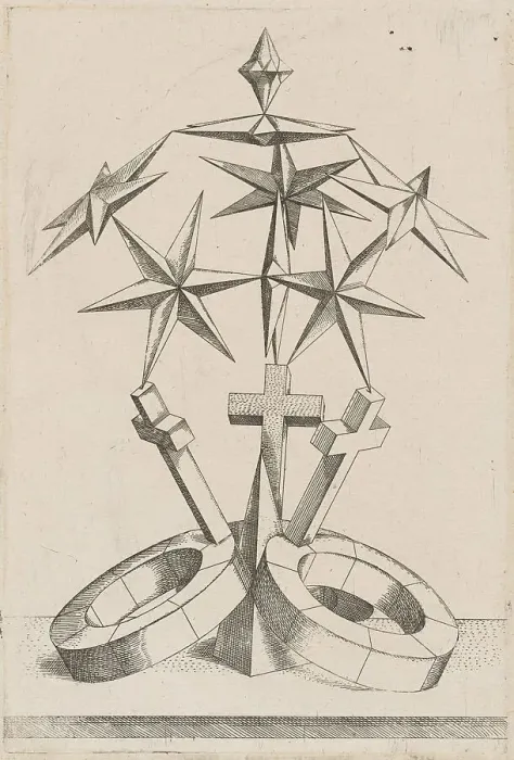 Framed Print : A Perspective of Seven Stars Balanced on Three Crosses, 1567. Creator: Mathis Zundt