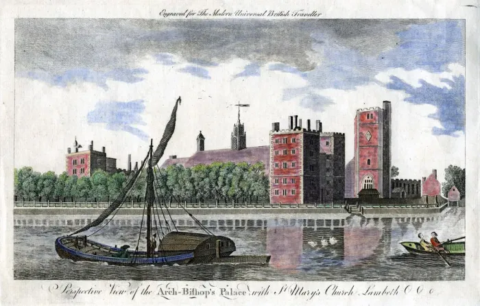 Framed Print : Perspective view of the Arch Bishops palace, with St Marys Church, Lambeth Framed Print : Perspective view of the Arch Bishops palace, with St Marys Church, Lambeth