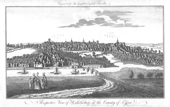 Framed Print : A Perspective View of Colchester, in the County of Essex. c1742 Framed Print : A Perspective View of Colchester, in the County of Essex. c1742