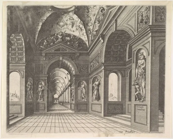 Framed Print : Perspective view of the interior of a hall, with cross-vault decorated with grot Framed Print : Perspective view of the interior of a hall, with cross-vault decorated with grot