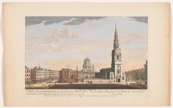 Framed Print : A perspective view of the north west front of ye parish church of St. Brides, London, 1753. Creator: Thomas Bowles Framed Print : A perspective view of the north west front of ye parish church of St. Brides, London, 1753. Creator: Thomas Bowles