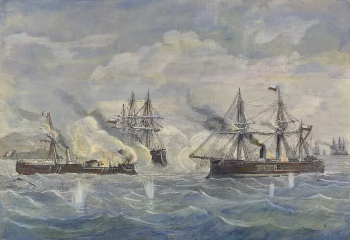 Framed Print : Peru - Bolivia - Chile War, 1879, naval battle between the Peruvian ship Huascar Framed Print : Peru - Bolivia - Chile War, 1879, naval battle between the Peruvian ship Huascar