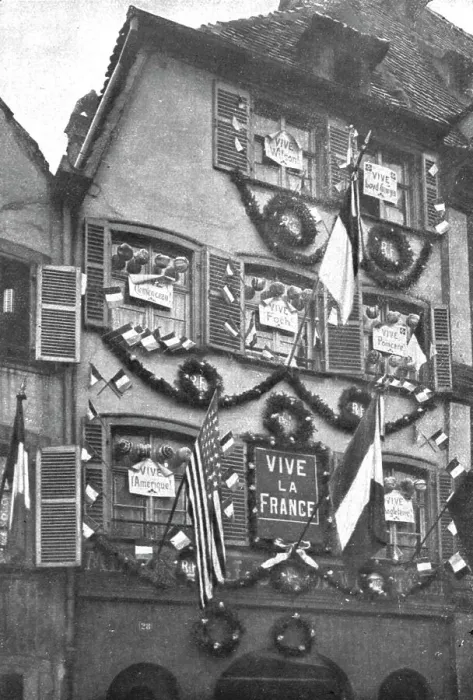 Framed Print : Petain et Foch a Strasbourg; La parure de fete de Strasbourg liberee: deux facades ornees...1918. Creator: Unknown Framed Print : Petain et Foch a Strasbourg; La parure de fete de Strasbourg liberee: deux facades ornees...1918. Creator: Unknown
