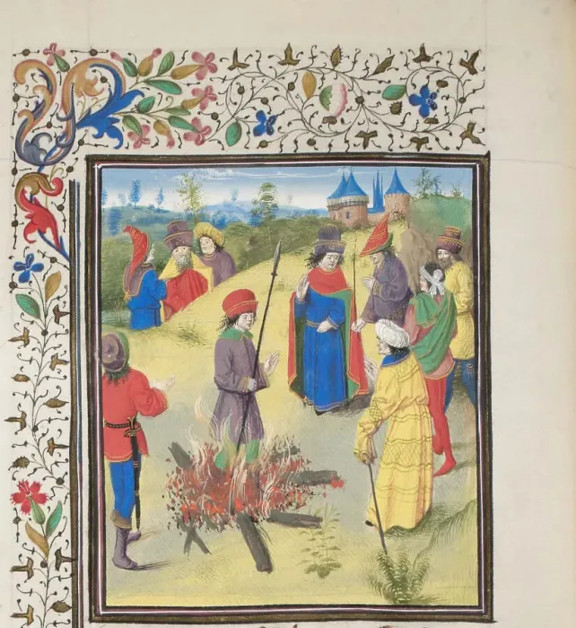Framed Print : Peter Bartholomew Undergoing the Ordeal by Fire. Miniature from the Historia by William of Tyre, 1460s. Artist: Anonymous Framed Print : Peter Bartholomew Undergoing the Ordeal by Fire. Miniature from the Historia by William of Tyre, 1460s. Artist: Anonymous
