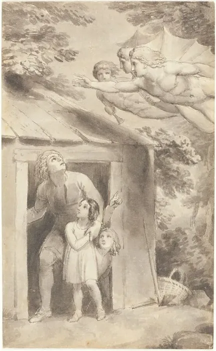 Framed Print : Peter and His Children Visited by Three Flying Figures, c. 1783. Creator: Thomas Stothard Framed Print : Peter and His Children Visited by Three Flying Figures, c. 1783. Creator: Thomas Stothard