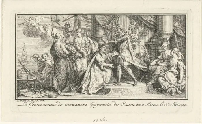 Framed Print : Peter the Great crowns his wife Catherine I as Empress, 1726. Artist: Picart, Bernard (1673?1733) Framed Print : Peter the Great crowns his wife Catherine I as Empress, 1726. Artist: Picart, Bernard (1673?1733)