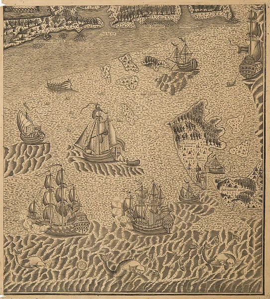 Peter the Greats Fleet at the Onega Bay, ca 1707. Artist: Anonymous