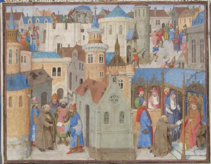 Framed Print : Peter the Hermit hears Pope Urban II at the Council of Clermont. Miniature from the Historia by William of Tyre, 1460s. Artist: Anonymous Framed Print : Peter the Hermit hears Pope Urban II at the Council of Clermont. Miniature from the Historia by William of Tyre, 1460s. Artist: Anonymous
