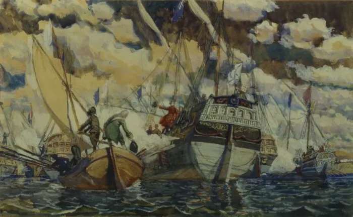 Framed Print : Peter I and Lefort. (The Fleet of Peter I on Lake Pleshcheyevo), 1927. Artist: Kardovsky, Dmitri Nikolayevich (1866-1943) Framed Print : Peter I and Lefort. (The Fleet of Peter I on Lake Pleshcheyevo), 1927. Artist: Kardovsky, Dmitri Nikolayevich (1866-1943)