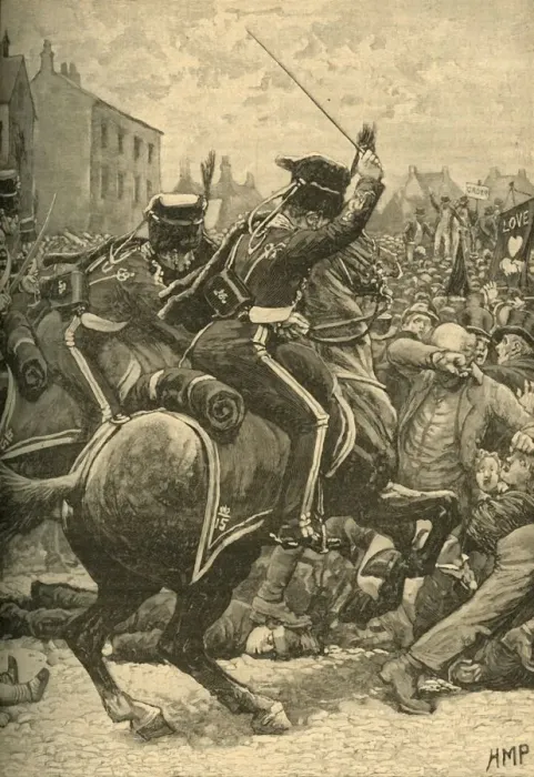 Framed Print : The Peterloo Massacre: hussars charging the people, Manchester, 1819 (c1890). Creator: Unknown Framed Print : The Peterloo Massacre: hussars charging the people, Manchester, 1819 (c1890). Creator: Unknown