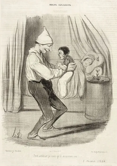 Framed Print : Petit scélérat! Je crois qu'il aura mon nez!... 1840. Creator: Honore Daumier Framed Print : Petit scélérat! Je crois qu'il aura mon nez!... 1840. Creator: Honore Daumier