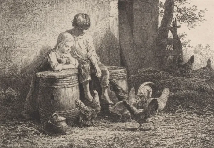 Framed Print : Petits, petits!!, 1864. Creator: Charles Emile Jacque Framed Print : Petits, petits!!, 1864. Creator: Charles Emile Jacque
