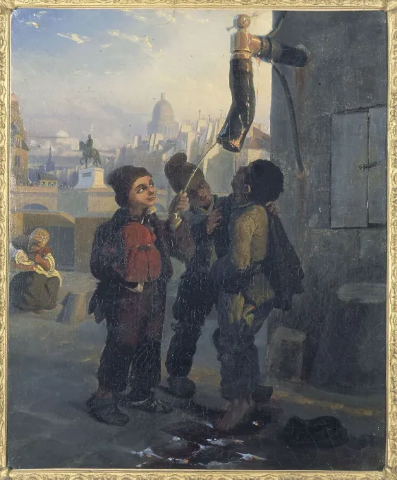 Framed Print : Petits ramoneurs se désaltérant à l'eau d'une pompe, vers 1830, c1830. Creator: Ecole Francaise Framed Print : Petits ramoneurs se désaltérant à l'eau d'une pompe, vers 1830, c1830. Creator: Ecole Francaise
