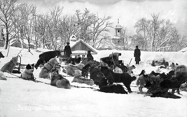 Petropavlovsk-Kamchatsky in winter; dog sleds against the backdrop of the Peter and Paul..., 1910-19 Creator: Ivan Emelianovich Larin
