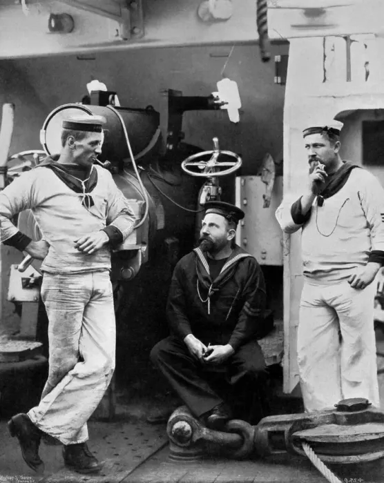 Framed Print : Three petty officers on board the cruiser HMS Theseus, 1896. Artist: Gregory & Co Framed Print : Three petty officers on board the cruiser HMS Theseus, 1896. Artist: Gregory & Co