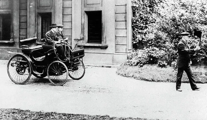 Framed Print : Peugeot 1896 with C.R. Rolls driving and Red flag in front Framed Print : Peugeot 1896 with C.R. Rolls driving and Red flag in front