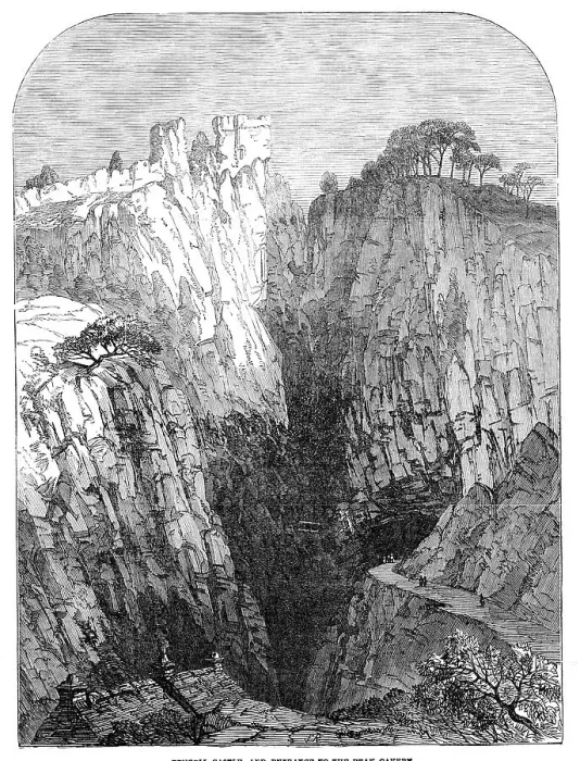 Framed Print : Peveril Castle, and entrance to the Peak Cavern, 1854. Creator: Unknown Framed Print : Peveril Castle, and entrance to the Peak Cavern, 1854. Creator: Unknown