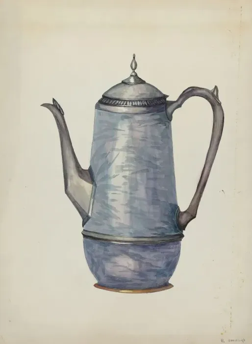 Framed Print : Pewter Coffee Pot, c. 1936. Creator: Beulah Bradleigh Framed Print : Pewter Coffee Pot, c. 1936. Creator: Beulah Bradleigh