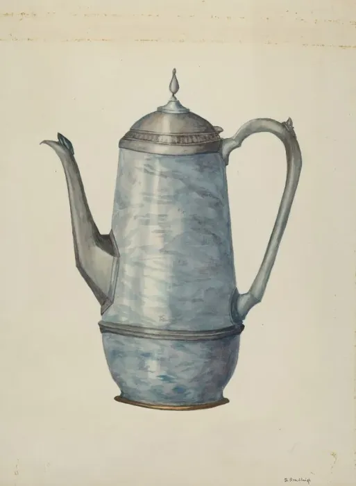 Framed Print : Pewter Coffee Pot, c. 1936. Creator: Beulah Bradleigh Framed Print : Pewter Coffee Pot, c. 1936. Creator: Beulah Bradleigh
