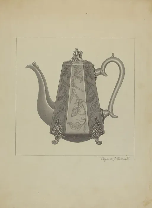 Framed Print : Pewter Coffee Pot, c. 1936. Creator: Eugene Barrell Framed Print : Pewter Coffee Pot, c. 1936. Creator: Eugene Barrell