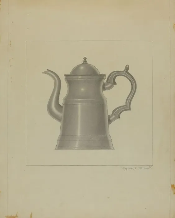 Framed Print : Pewter Coffee Pot, c. 1936. Creator: Eugene Barrell Framed Print : Pewter Coffee Pot, c. 1936. Creator: Eugene Barrell