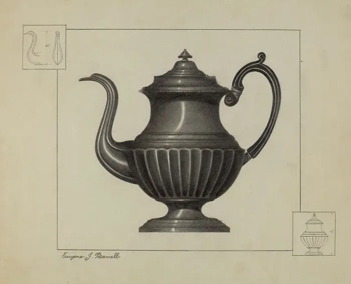 Framed Print : Pewter Coffee Pot, c. 1936. Creator: Eugene Barrell Framed Print : Pewter Coffee Pot, c. 1936. Creator: Eugene Barrell
