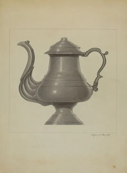 Framed Print : Pewter Coffee Pot, c. 1936. Creator: Eugene Barrell Framed Print : Pewter Coffee Pot, c. 1936. Creator: Eugene Barrell