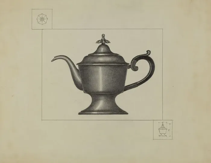 Framed Print : Pewter Coffee Pot, c. 1936. Creator: Herman Bader Framed Print : Pewter Coffee Pot, c. 1936. Creator: Herman Bader