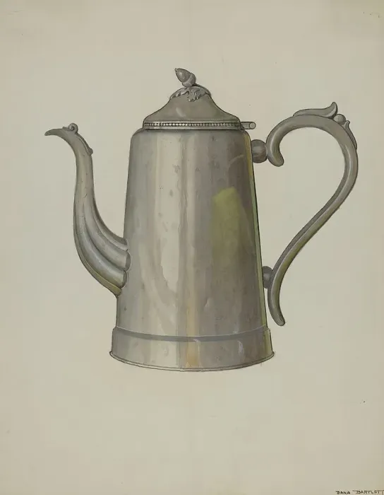 Framed Print : Pewter Coffee Pot, c. 1937. Creator: Dana Bartlett Framed Print : Pewter Coffee Pot, c. 1937. Creator: Dana Bartlett