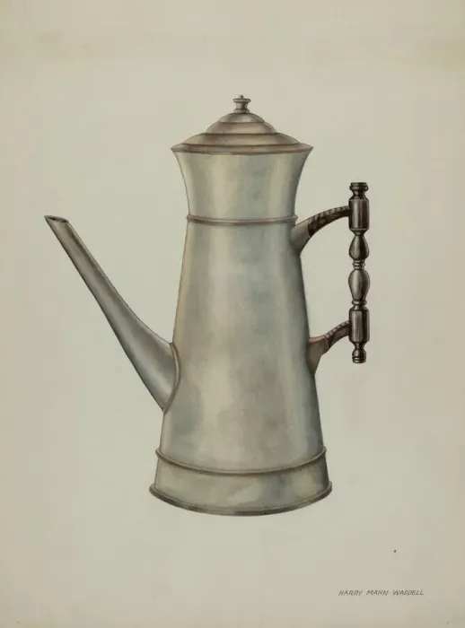 Framed Print : Pewter Coffee Pot, c. 1937. Creator: Harry Mann Waddell Framed Print : Pewter Coffee Pot, c. 1937. Creator: Harry Mann Waddell