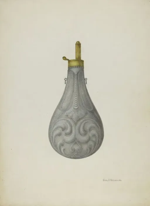 Framed Print : Pewter Powder Flask, c. 1939. Creator: George V. Vezolles Framed Print : Pewter Powder Flask, c. 1939. Creator: George V. Vezolles