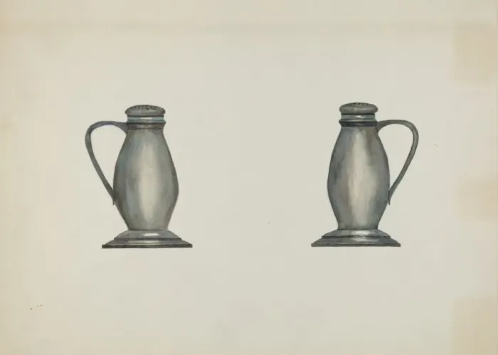 Framed Print : Pewter Salt and Pepper Shakers, c. 1937. Creator: Beulah Bradleigh Framed Print : Pewter Salt and Pepper Shakers, c. 1937. Creator: Beulah Bradleigh