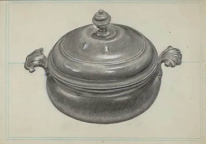 Framed Print : Pewter Soup Tureen, c. 1936. Creator: James O'Mara Framed Print : Pewter Soup Tureen, c. 1936. Creator: James O'Mara