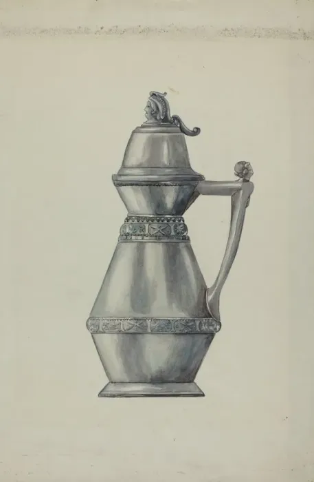 Framed Print : Pewter Syrup Jug, c. 1937. Creator: Harry Mann Waddell Framed Print : Pewter Syrup Jug, c. 1937. Creator: Harry Mann Waddell
